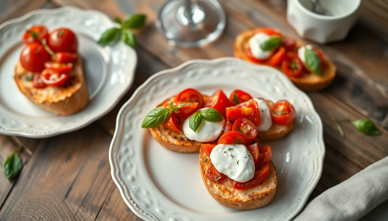 Bruschetta tomates cerises, burrata et basilic frais